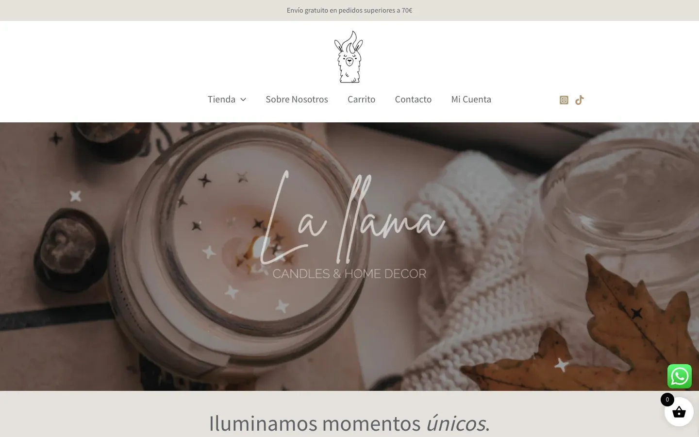 Captura de la web de Velas La Llama, proyecto de Tienda online realizado por Nexcott